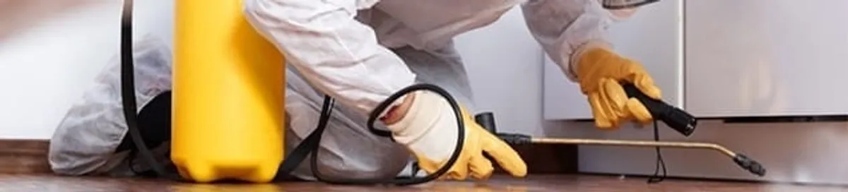 Roach exterminator treating cracks and crevices along kitchen baseboards in Spokane, WA